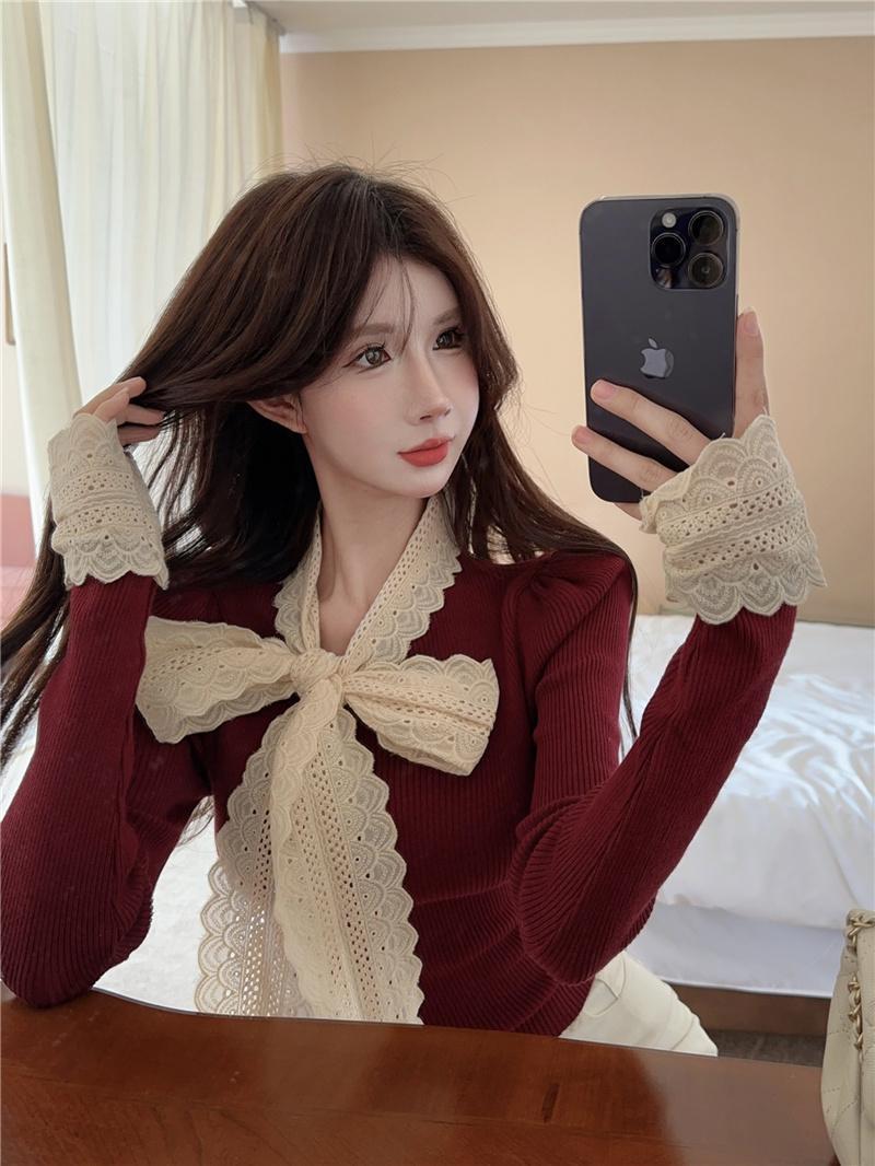 Product Introduction of Áo Len Dệt Kim, Phong Cách Cổ Điển Giáng Sinh, Thiết Kế Thắt Nơ Dành Cho Nữ, Thích Hợp Cho Mùa Thu Và Mùa Đông, Có Lớp Nền Ren, Có Thể Mặc Bên Trong, Áo Tay Phồng Áo Màu Đỏ Giáng Sinh 8
