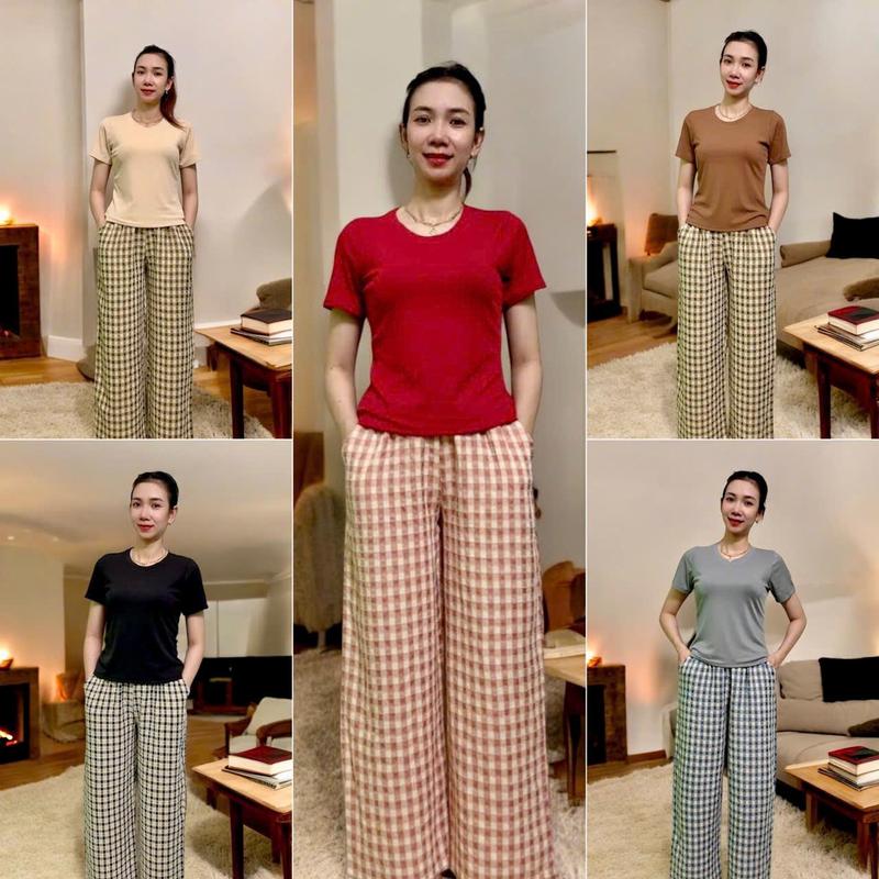 T151 Đồ bộ thun nữ Áo thun Cổ tròn Tay Ngắn phối Quần Suông rộng 0