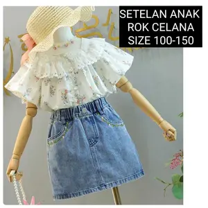 (LOLI-JKT) BS- 794 SETELAN ANAK CEWEK LENGAN PENDEK MOTIF ROK CELANA JEANS SIZE 100-150