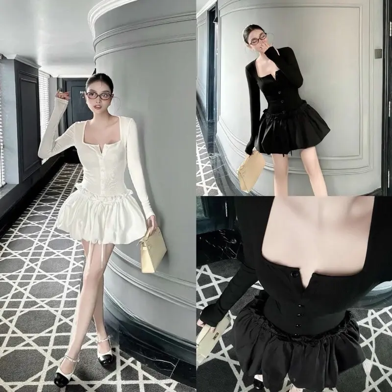 Đầm Váy Nữ Bí Xòe Nhún Eo Cổ Chữ U Basic Với 2 Tone Màu Trắng - Đen k5892 Diện Đi Chơi, Hẹn Hò Siêu Xinh Nữ Women Dress