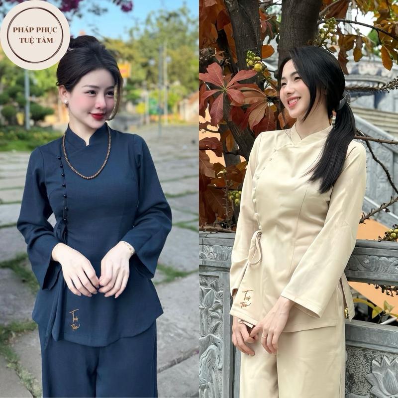 Đồ lam đi chùa TUỆ TÂM cổ tàu dài tay, Đồ phật tử vạt hò chất liệu đũi cao cấp, Pháp Phục Tuệ Tâm Áo Nữ Women Top Jacket - Độc Quyền Đồ Lam