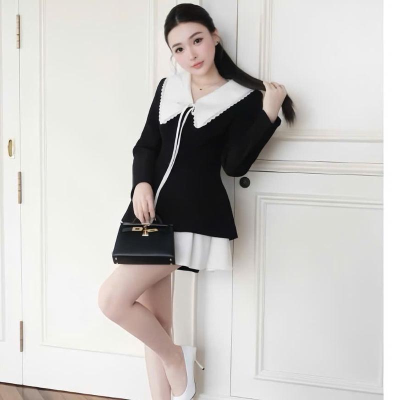 Set váy nữ áo nhung dài tay thiết kế cổ bẽ phối ren thắt nơ mix chân váy cotton lạnh form ngắn xinh xắn dành cho nàng di chơi. Women Top 3