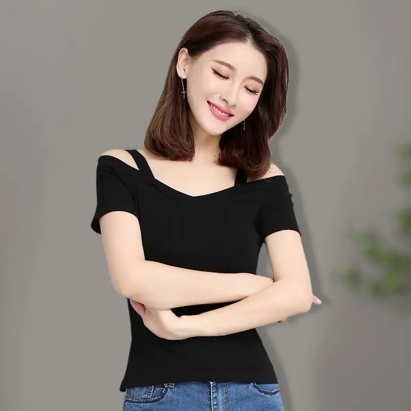 Áo Thun Nữ, Trễ Vai Và Dây Đeo, ngắn Tay, Màu Trơn Dáng Ôm, Áo Chui Đầu, Thích Hợp Cho Mùa Hè, Phong Cách Thời Trang Đường Phố 2