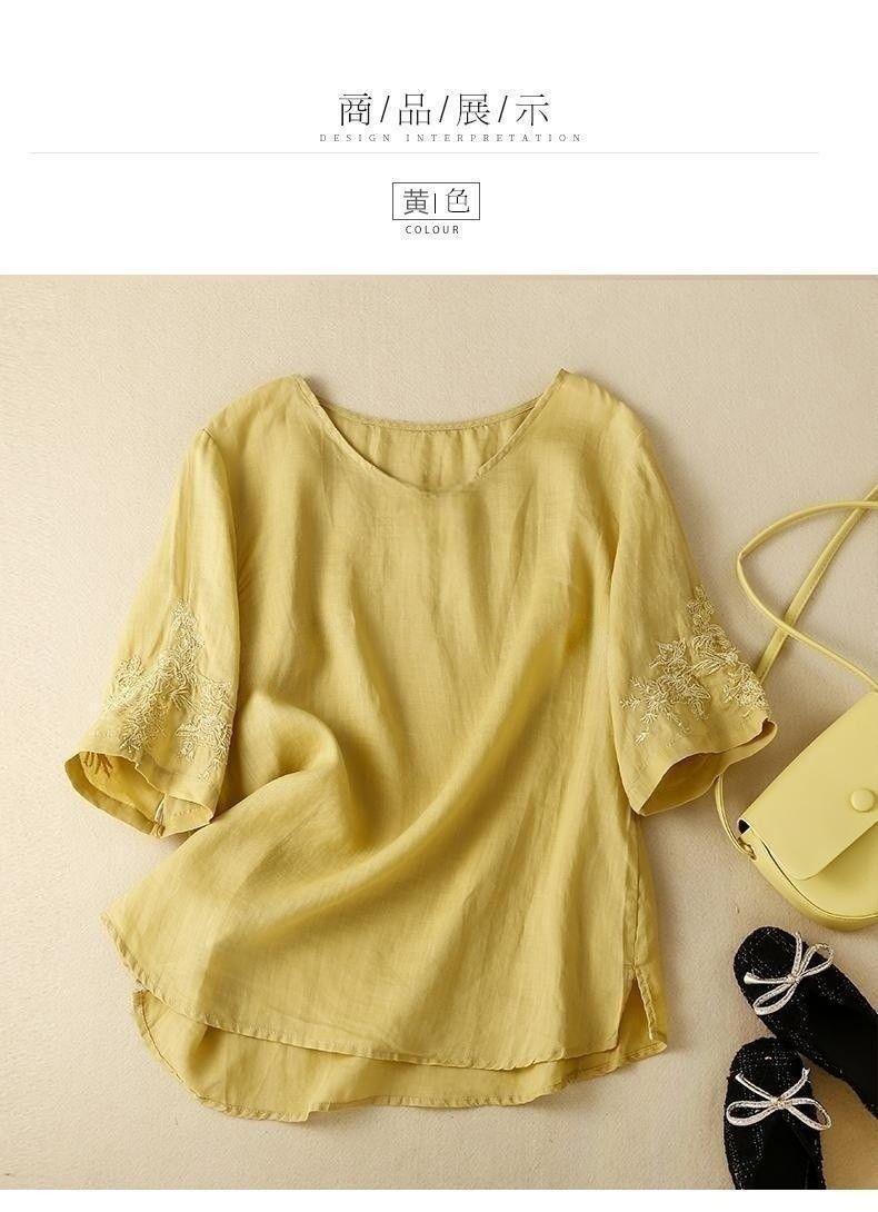 Product Introduction of Áo Thun Pha Trộn Vải Lanh, Hàng Mới Về Mùa Hè, Dành Cho Nữ, Vừa Vặn Thư Giãn, Áo Cánh Thêu, Cổ Tròn Nghệ Thuật, Áo Thường Ngày Thoáng Khí Và Bó Sát, Thiết Yếu Thời Trang Mùa Hè, Thoải Mái Và Phong Cách 4