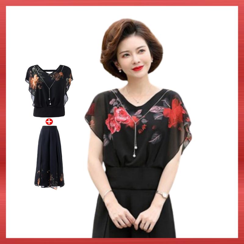 Set Đồ Trung Niên Nữ S400 Bộ Quần Áo Cánh Tiên Quần Ống Rộng Hoa Xinh Xắn Top Thời Trang Trung Niên NP Clothing