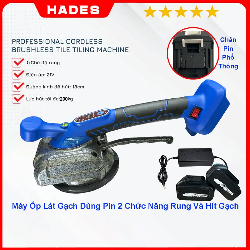 Máy rung gạch ốp lát sàn T-Boss MAX dùng pin, Công Suất 200W, Lực hút 200kg, Máy ốp gạch hàng chính hãng, Chân Pin Phổ Thông, Bộ Máy 2 Pin 1 Sạc 0