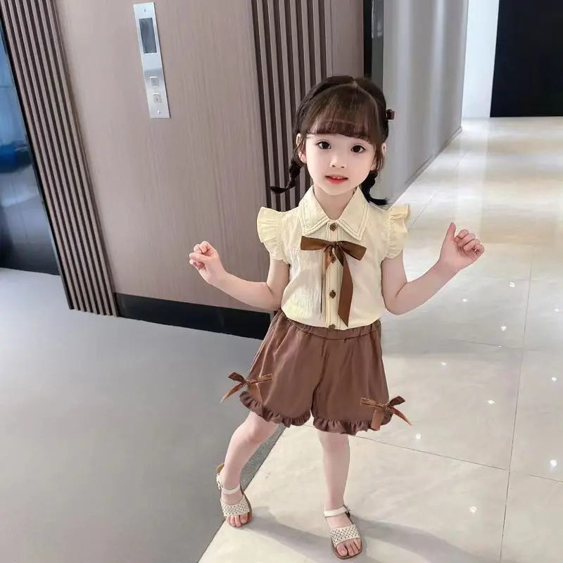 Korean Style Girls' Online Red and Western Style Summer New Product Set Bow Sleeveless Clothes Fashionable Bud-Waisted Shorts Two-Piece Set