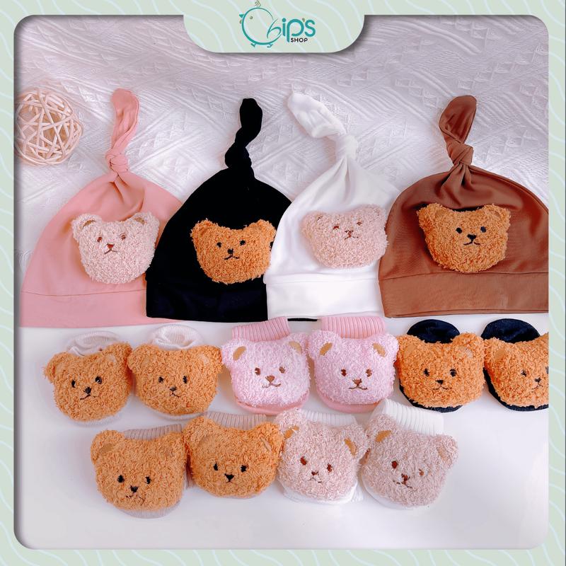 Set nón gấu kèm tất dễ thương bé trai, bé gái 3-10kg. Mũ thắt nút chất liệu cotton mềm, co giãn. Tất cotton mang k bị bí và tuột. Chip's Shop Cho Bé Vải Cotton Túi