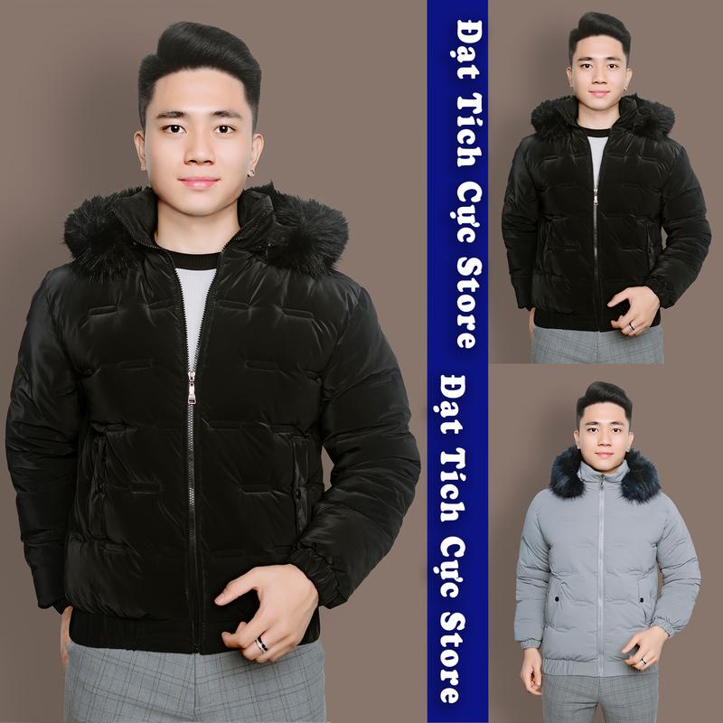 Áo Phao Nam Mũ Lông Có Thể Tháo Rời  , Áo Khoác Nam Có Thể Giặt Máy , 2 Màu Đen Và Ghi Xám Menswear