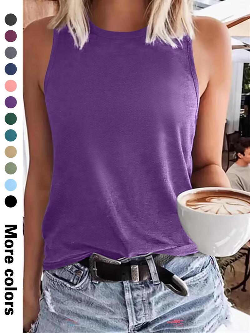 Product Introduction of Women's Plain Round Neck Tank Top, Casual Sleeveless Top for Summer, Ladies Clothes for Daily Wear, Clothing 3