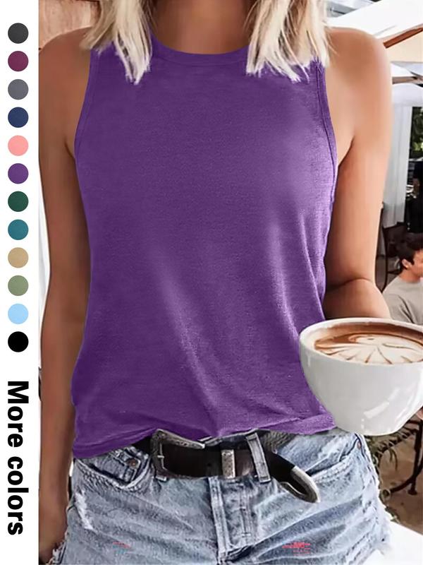 Women's Plain Round Neck Tank Top, Casual Sleeveless Top for Summer, Ladies Clothes for Daily Wear, Clothing 2