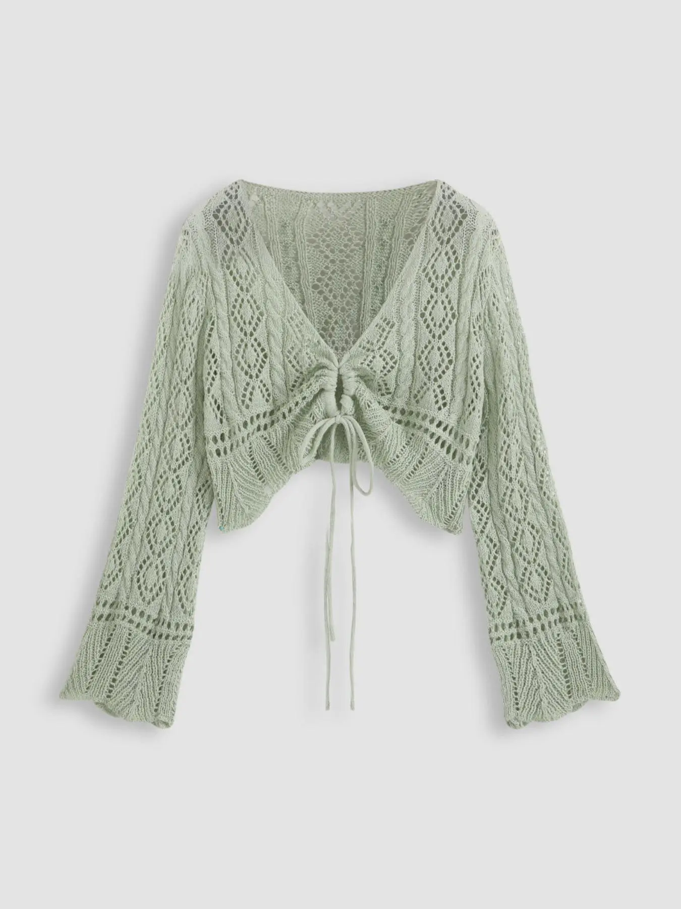 Plus Size Hollow Out Drawstring Sheer Cardigan, Casual Elegant Flounce Sleeve V Neck Knitwear Top for Spring & Fall, Women's Plus Clothing for Daily Wear