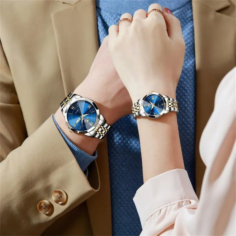 Brand OLEVS Watches for Couple Luxury Fashion His and Hers Stainless Steel Calendar Date 3ATM Waterproof Luminous Wrist Watch for Men Women Lovers Wedding Dating Romantic Gift Set of 2 2