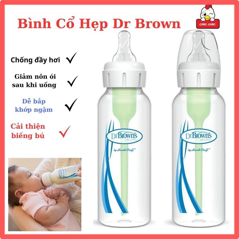 Bình sữa cổ hẹp dr brown option plus Núm Ti Dr Browns Cổ Hẹp, Bình dr brown's cổ hẹp dễ bắt khớp,hạn chế đầy và nôn ói, cải thiện biếng sữa, 120m/250ml