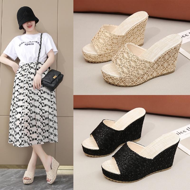 Product Introduction of 23S 2024 Women Slippers High-Heeled Fashion Wear-Resistant Non-Slip 10cm Wedge Sandals Comfortable Outerwear 35-42 20