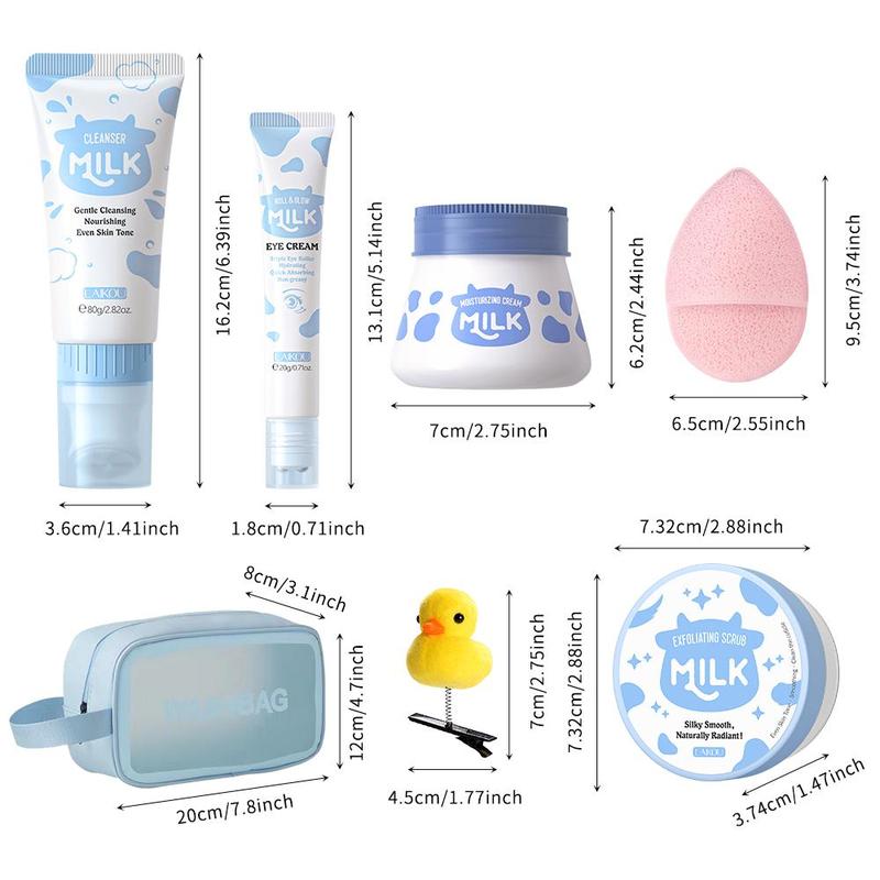Milk Moisturizing Skincare Kit, Including 1 Cleanser, 1 Eye Cream, 1 Face Cream, 1 Scrub, 1 Face Cleansing Puff, 1 Makeup Bag and 1 Duck Decor Hair Clip, Valentine's Day Gift 1