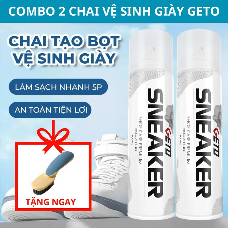 COMBO 2 Chai xịt tạo bọt GETO 300ml TẶNG bàn chải Đa năng , vệ sinh giày Sneaker cao cấp loại bỏ vết bẩn, khử mùi hôi, Nam nữ sử dụng dễ dàng chaixit bot vesinh giay nước  giặt 0