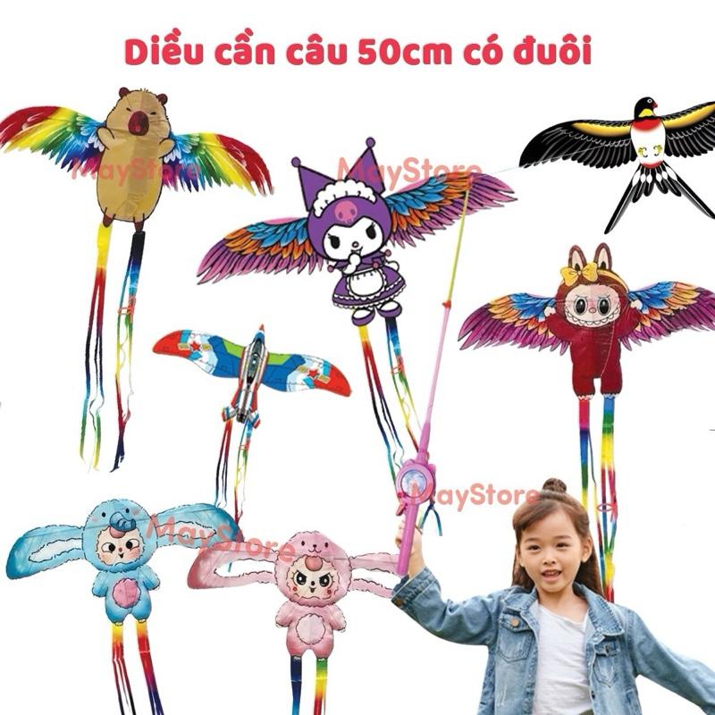 Diều cần câu dài 50cm có đuôi 7 màu tặng kèm cần câu và dây thả diều 30m