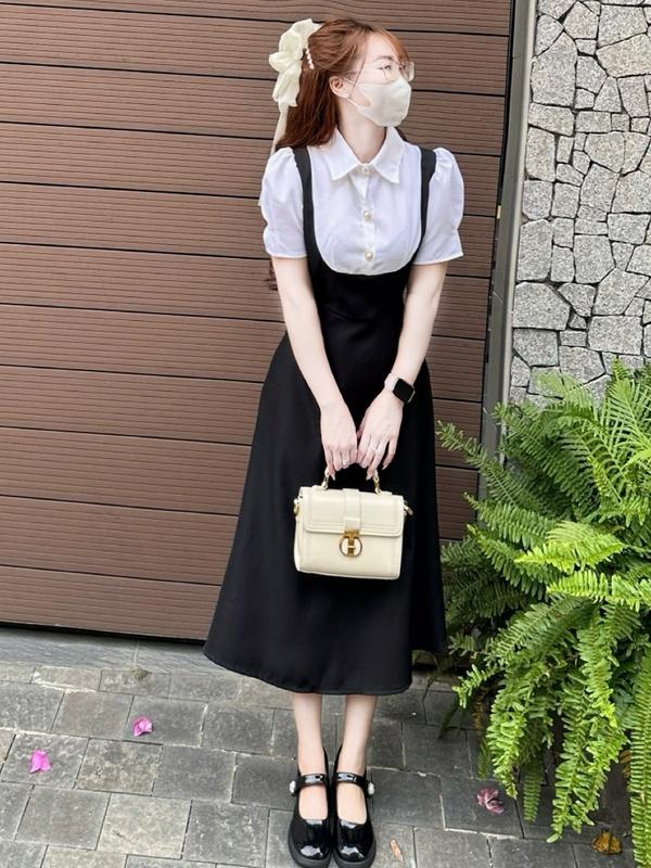[FREESHIP] A25- Đầm váy Công Sở MIJU váy yếm liền đính cúc ngọc chất liệu cotton lạnh dày dặn, mềm mịn dáng xoè chữ A phù hợp đi làm đi tiệc đi chơi giáo viên Mijustore Women Dress Nữ Màu Nâu 5
