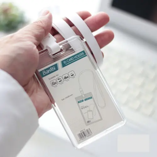 BANTEX TRANSPARENT ID CARD HOLDER LANYARD TEMPAT KARTU NAMA TRANSPARAN - Bening Tegak Putih