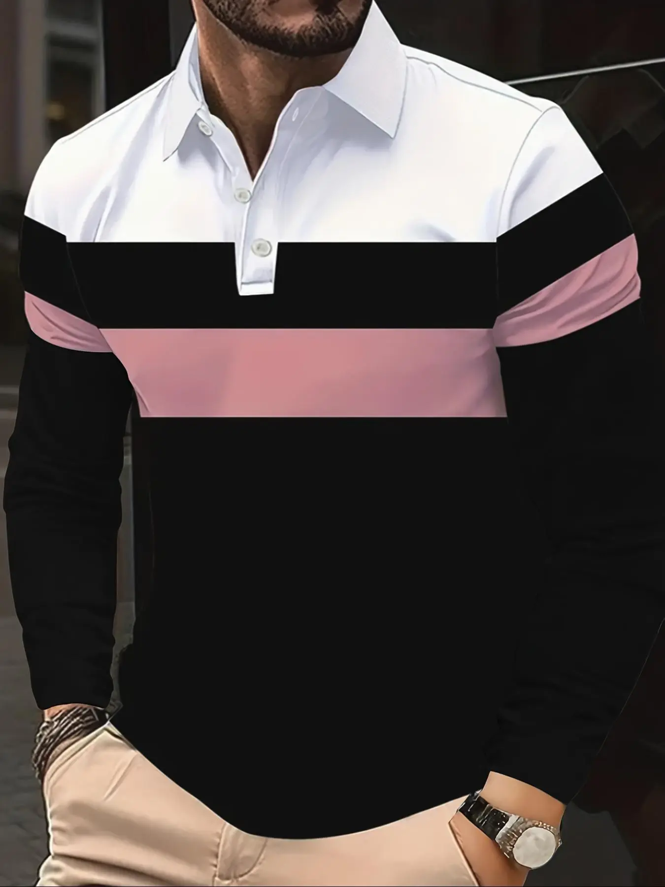 Men's Colorblock Button Polo Shirt, Regular Fit Casual Long Sleeve Collared Top for All Seasons, Fashion Men's Clothes for Daily Wear