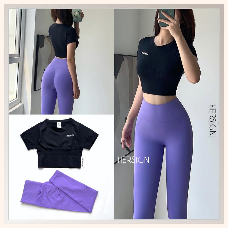 Đồ tập gym nữ Set đồ chạy bộ nữ Áo croptop ngắn tay Quần legging dài HERSIGN-SMIX6LS76