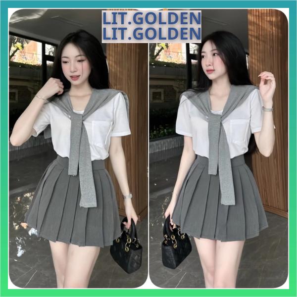 Sét Áo Cổ TRòn Thắt Nơ Thuỷ Thủ Và Chân Váy Xếp LY Phối Đồ ĐƠn Giản CHo NỮ 0
