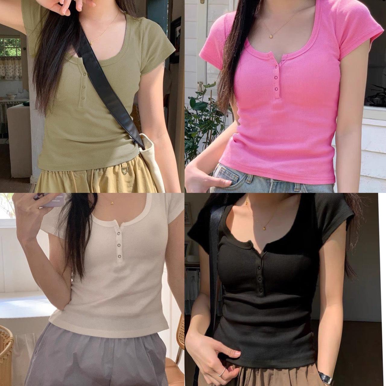 [Xả Kho] Thời Trang Bigsize Áo Thun Cổ Bo Nút Bấm Vải Thun Tăm 50 - 100Kg Dễ Thương Top Nữ Cổ Tròn Sơ Mi Women Bò - B.1214