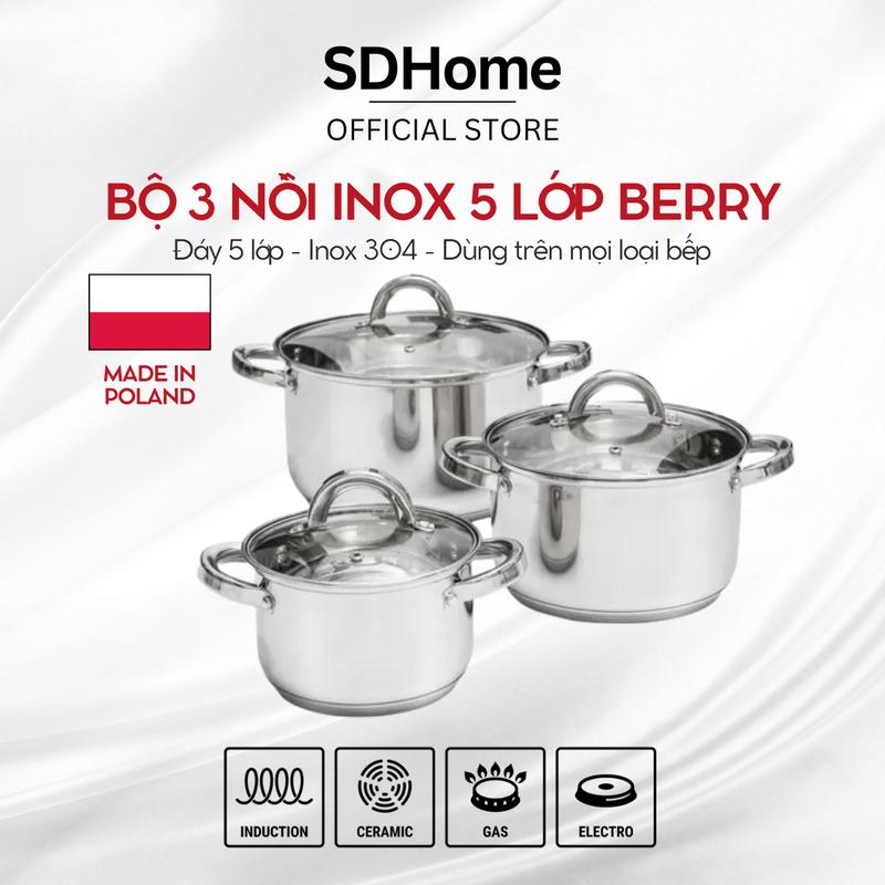 Bộ 3 nồi 5 lớp inox Ambition Berry | Made in Poland | thép không gỉ | Đáy 5 lớp pot 0