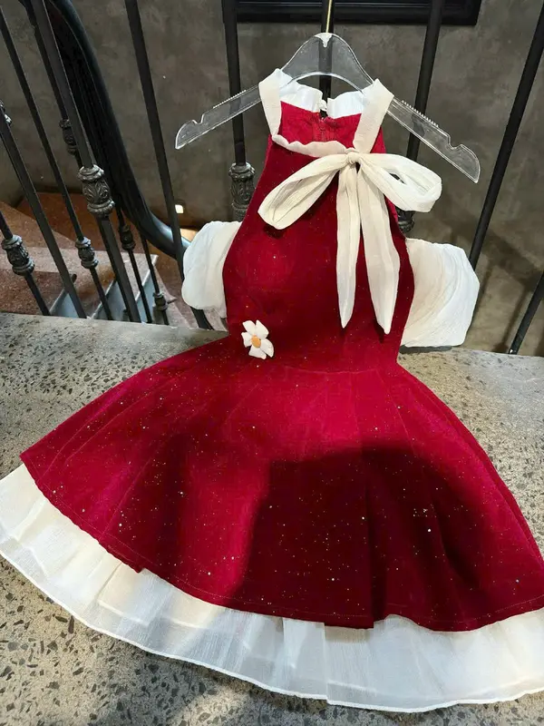 Đầm nữ nhung kim tuyến cổ yếm cột nơ phối tay tơ kiểu dáng xòe đính hoa xinh xắn dễ thương Women Dress 4