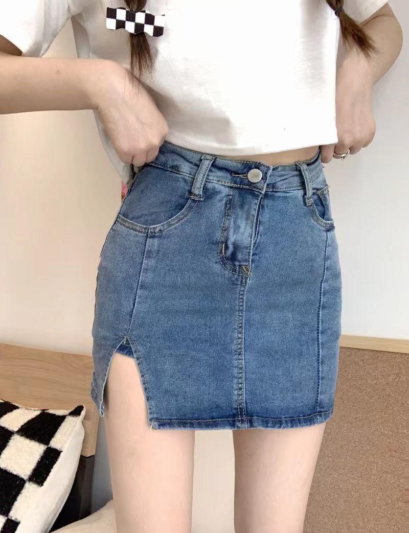 Product Introduction of Stretch Korean Style Denim Skirt Women's High Waist Anti-Exposure A- line Miniskirt and Divided Skirt Split Hip Skirt Summer 9