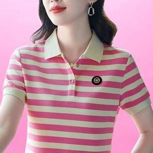 Fashion Basic Stripe Loose Casual Women Short Sleeve Polo Shirt Korean Style Stretch Plus Size Middle age Mother Casual Lapel T-shirts
