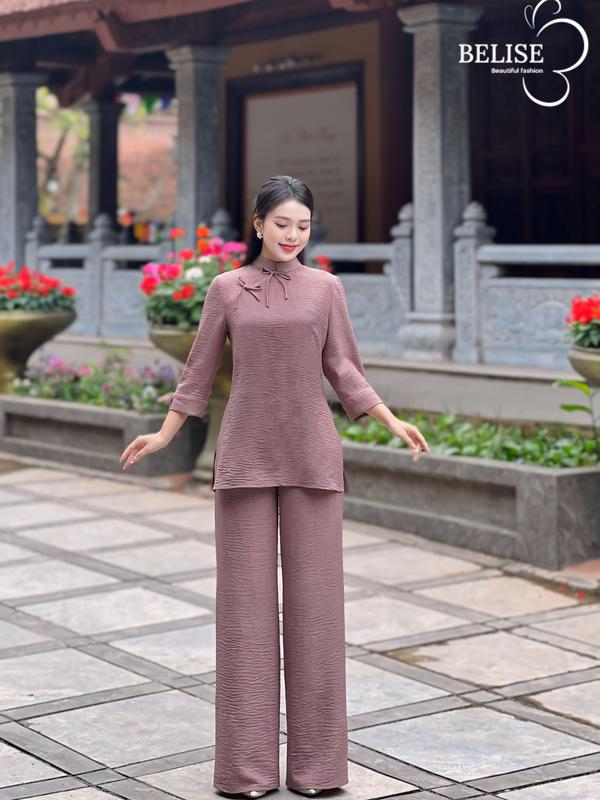 Pháp phục chất đũi xước nâu khoai môn cổ tàu có nơ trang trí - Belise Fashion Nữ Voi Women Áo 1