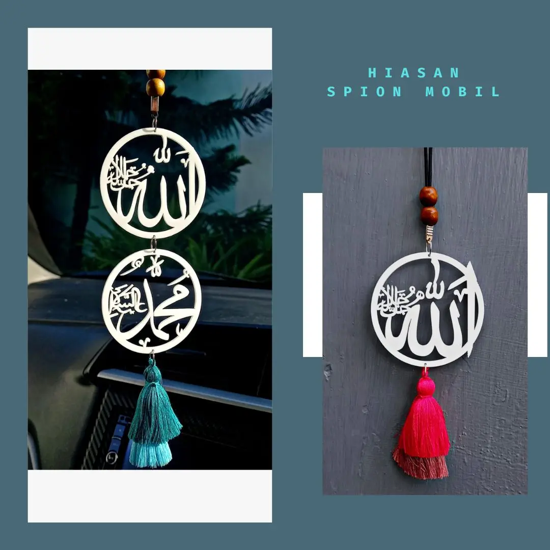 Gantungan Spion Mobil Allah dan Muhammad Bahan Dari Acrilic Tebal 2 mm Diameter 6 cm gantungan  buat