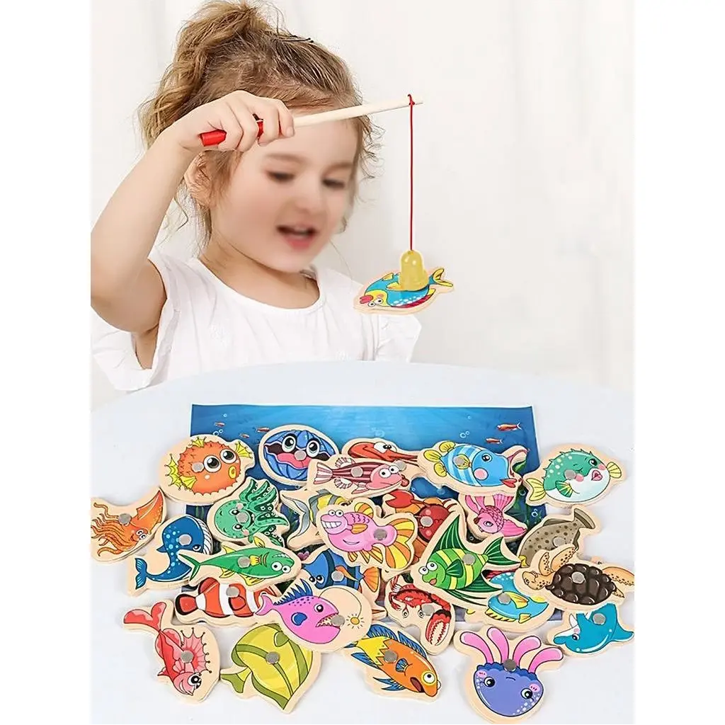 51Pcs Mainan Memancing Magnet Ikan Kayu Kartun Edukasi Anak Latih Motorik Halus