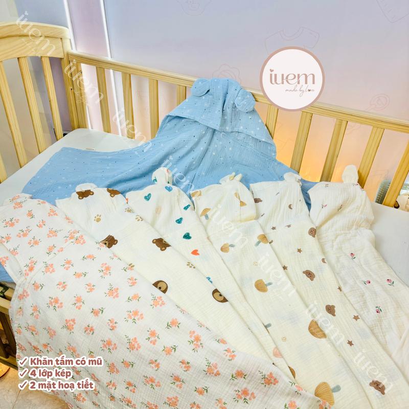 iuem KHĂN TẮM CÓ MŨ đa năng dành chi bé từ sơ sinh, chất xô muslin mềm mát, thấm hút tốt, đa năng làmkhăn tắm, áo choàng