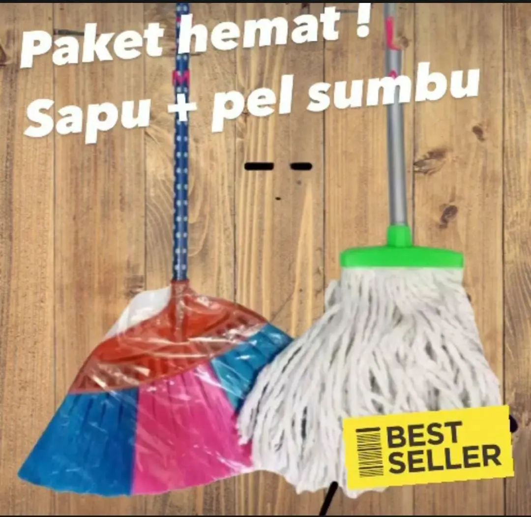 PAKET HEMAT 2 IN 1 SAPU SENAR DAN PEL LANTAI GAGANG KAYU senar Plastik