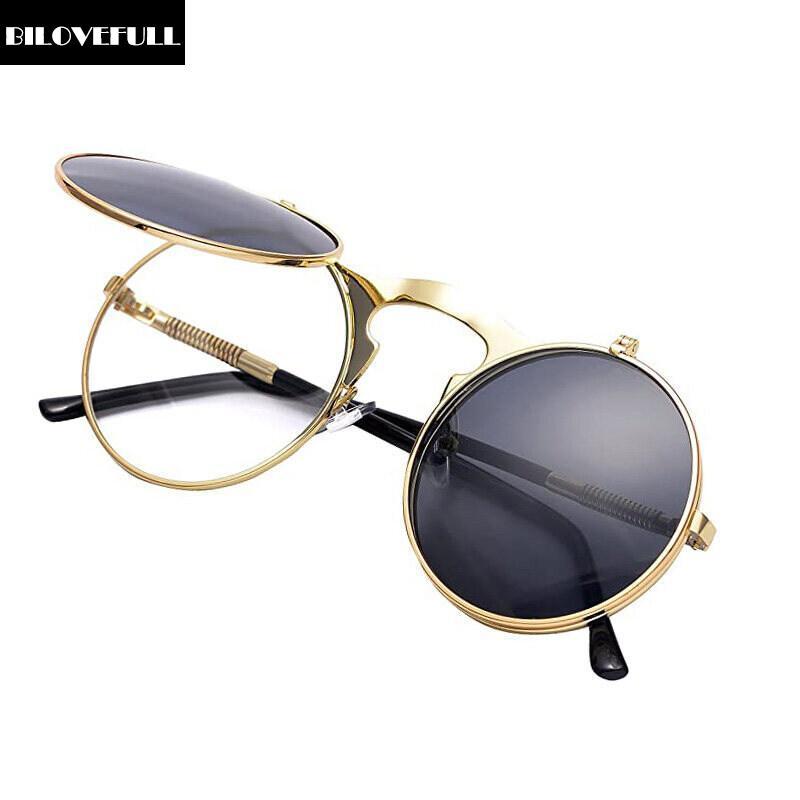 Kính râm, Phong cách Steampunk Cổ Điển dành cho nam và nữ, Gọng kim loại lật tròn thẩm mỹ, Kính chống nắng, BILOVEFULL