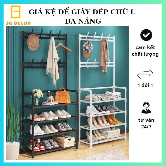 Giá Kệ để giày dép chữ L đa năng 4 tầng thông minh có 8 móc treo quần áo tiện ích Lắp Ráp Treo Tường