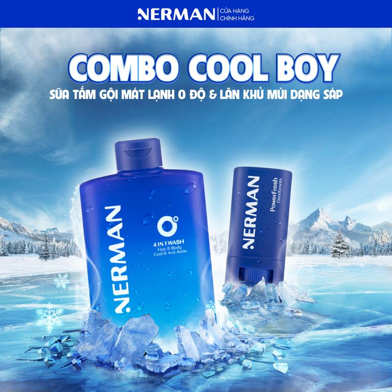 COMBO COOL BOY ICE BOY NERMAN - Sữa tắm gội 0 độ 4in1 330ml & Lăn khử mùi 18g & Kem chống nắng SPF 50+ PA++++ 35g