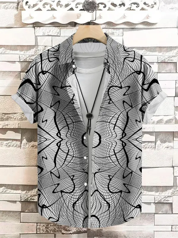Men's Geometric Print Short Sleeve Shirt, Regular Fit Casual Breathable Comfy Top for Summer, Men's Clothes for Daily Wear 0
