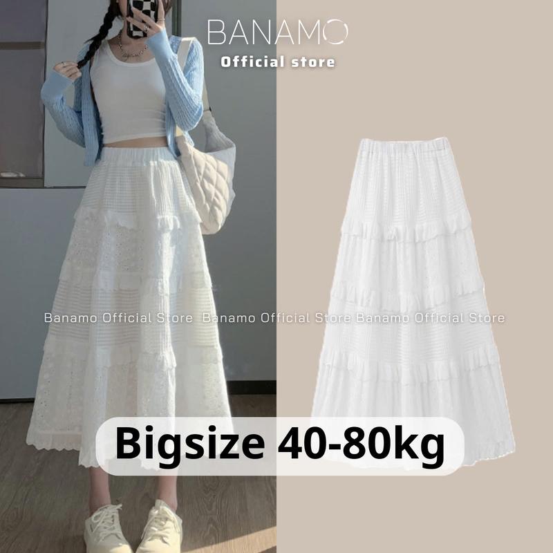 Chân váy nữ BIGSIZE Banamo Fashion chân váy midi phối ren viền xếp tầng 2 lớp 5927 Women Màu Trắng Voan chân  váy