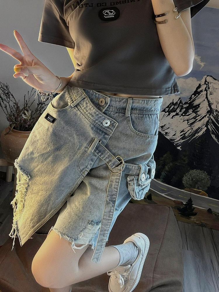 Product Introduction of Quần Soóc Denim Rách, Thiết Kế Bất Đối Xứng Phong Cách Đường Phố Cao Cấp Mỹ, Quần Nữ Mùa Hè, Thiết Kế Đẹp, Quần Dài Đến Đầu Gối Độc Đáo, Thời Trang, Niche 2