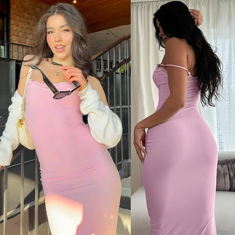 【Early Bird Special】Women's Long Spaghetti Strap DressLace Trim Square Neck Backless Bodycon Dress for Summer Party Dress