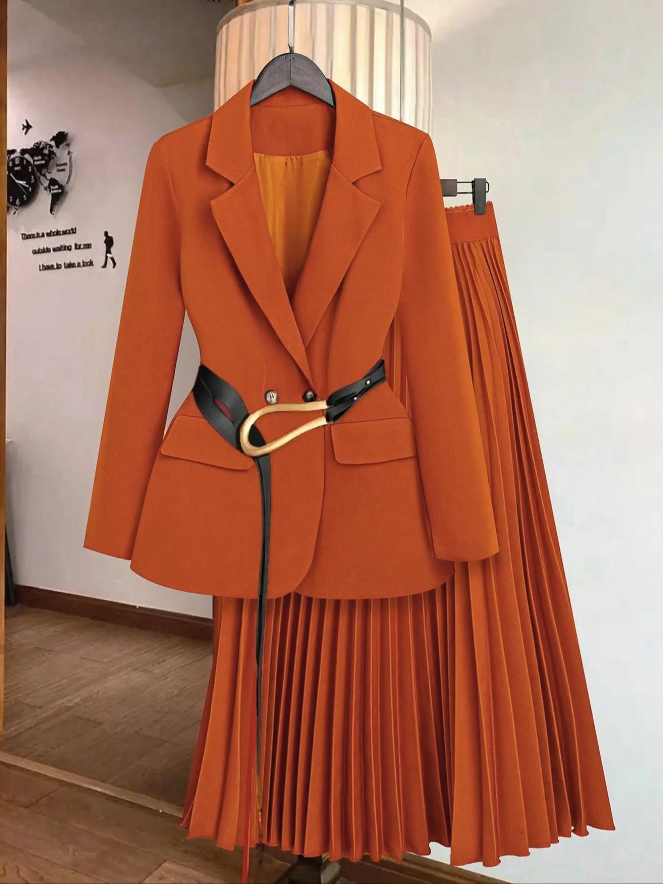 Women's Solid Button Belted Blazer & Pleated Skirt Two-piece Set, Casual Lapel Neck Long Sleeve  Pocket Outerwear & Long Skirt for Work Office Business, Outfits 2 Piece Set, Ladies Clothes for All Seasons