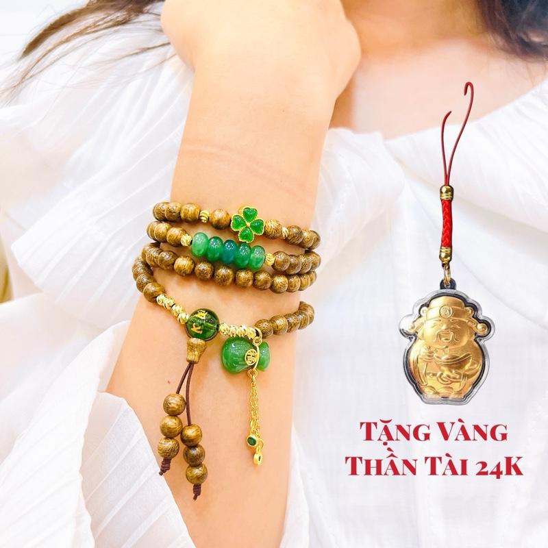 [Mua 1 Tặng 1 Thần Tài 24K ] Chuỗi Vòng Tay Trầm Hương Tự Nhiên 108 Hạt Ngũ Điếu Cỏ 4 Lá Mix Đá Charm Túi Tiền May Mắn Tài Lộc