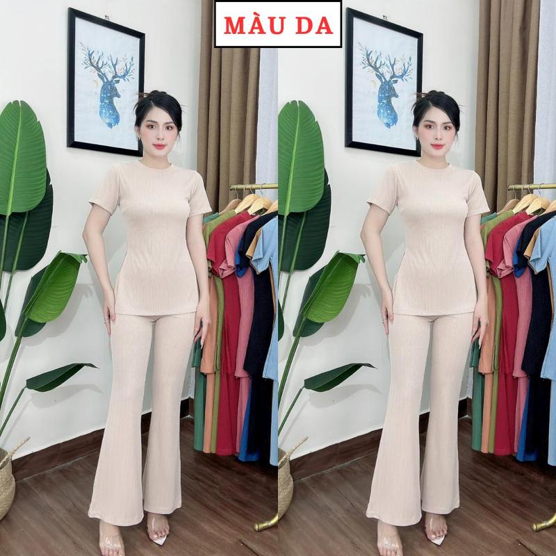S18 Set bộ áo cổ tròn tay ngắn xẻ tà Store Phương Linh quần óng loe chất len sọc dày dặn đủ size S, M, L, XL, XXL phù cho các dịp thông thường Có thể giặt bằng máy 2