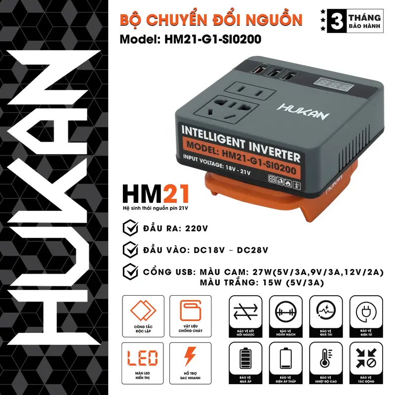 Chân Chuyển Đổi Biến Tần Thông Minh Hukan HM21-SI0200 -  Biến tần chuyển đổi điện áp 21v lên 220v - Chân pin phổ thông M21 4cm - Điện máy Việt Nhật 0