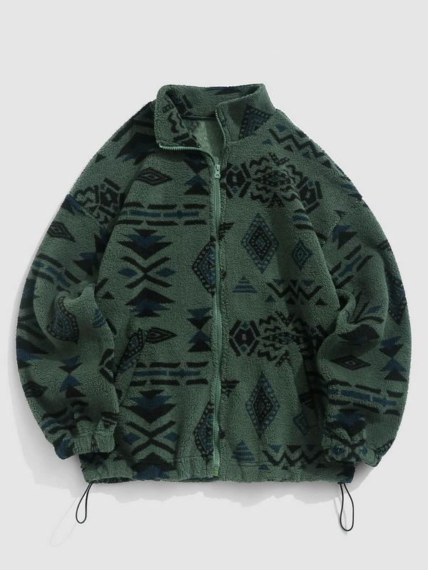 Women's Vintage Ethnic Pattern Drawstring Zip Up Coat, Fashion Cozy Drop Shoulder Long Sleeve Full Zip-up Teddy Outerwear, Trendy Women's Clothes, Y2k Workwear Outfits Streetwear, Balkan School Outfits, Ethnic Clothing UK 1