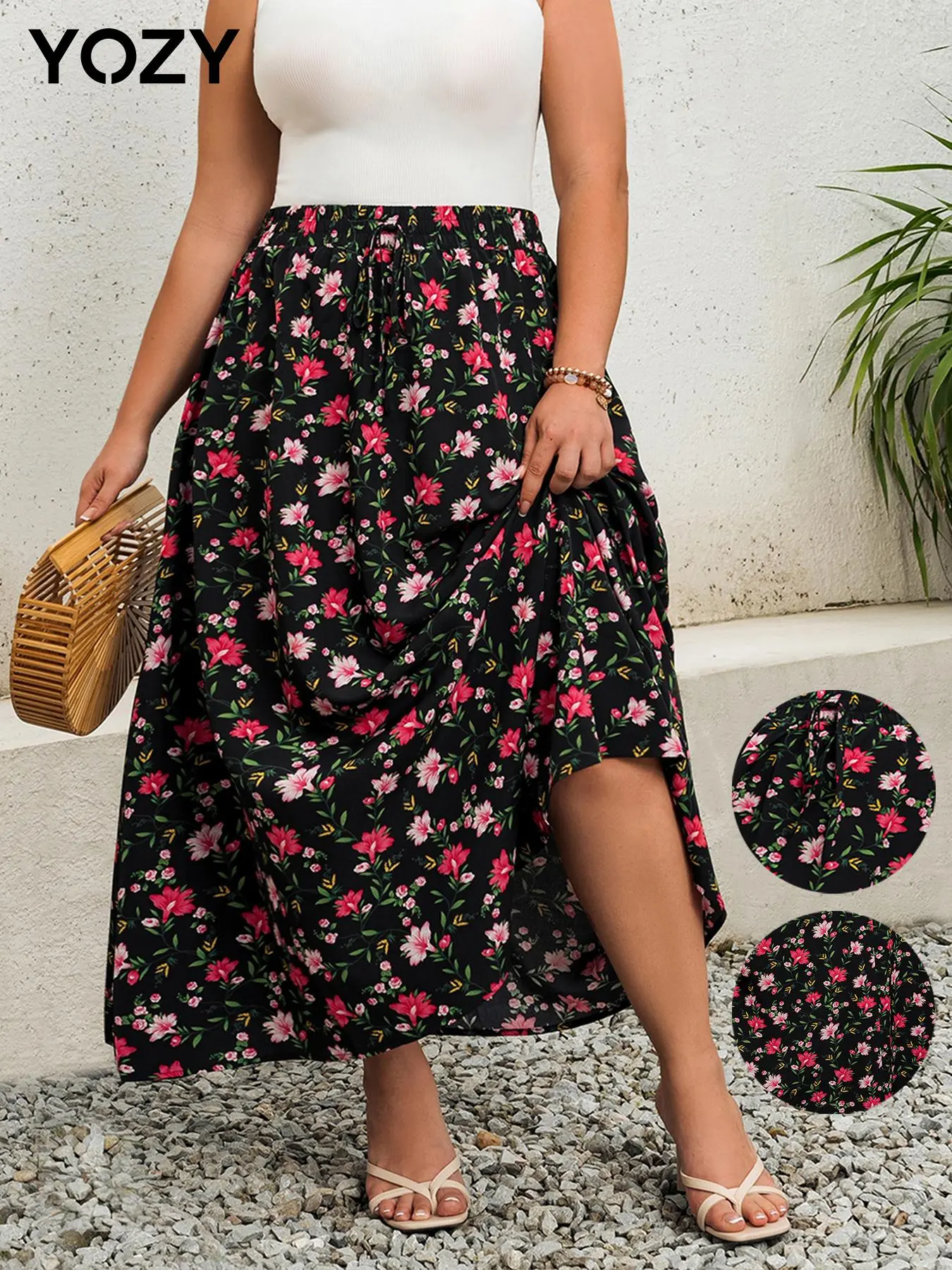 YOZY Plus Size Floral Print Elastic Waist A Line Skirt, Boho Fashion High Waist Long Skirt for Daily Wear, Women Plus Clothing for Summer